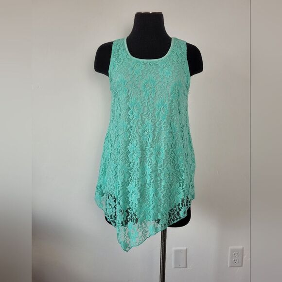 Aqua Lace Camisole Top Assymetric Hanky Hem Y2K Fairy Whimsical Boho Gypsy M - Picture 1 of 8